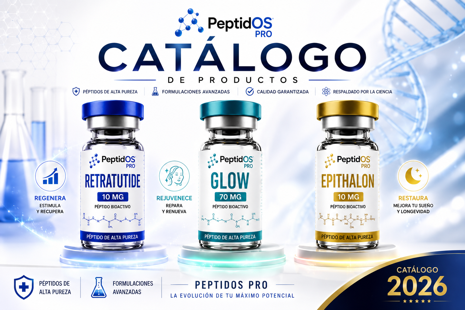 Catálogo PEPSBOL 2026: Retatrutide, Glow y Epithalon